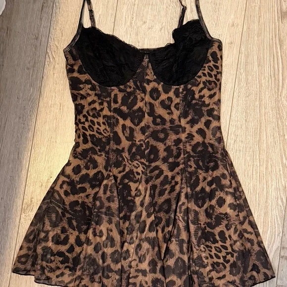 Leopard Print Romper Bustier Dress with Lace Trim - Picture 1 of 2